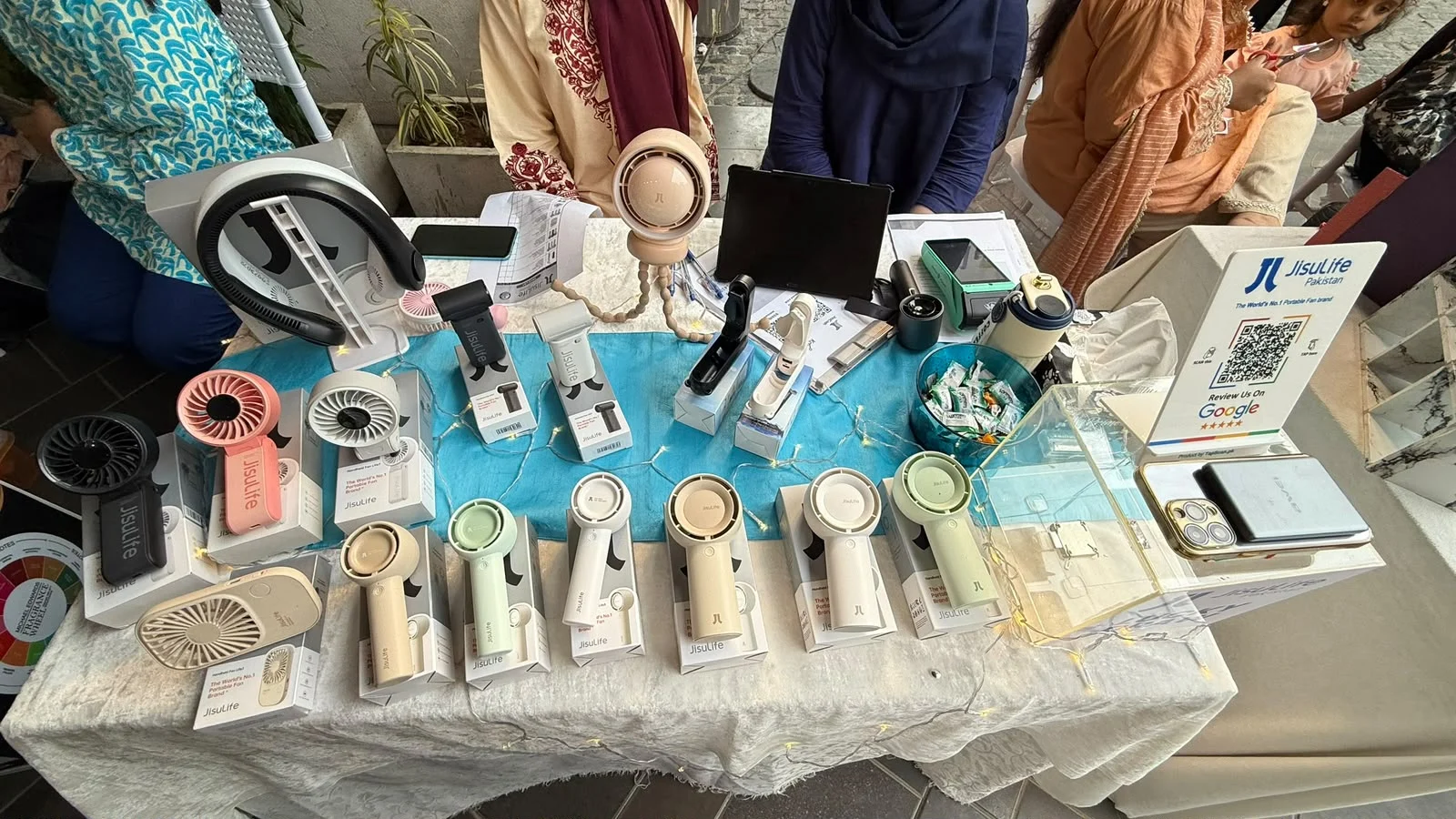A colourful collection of portable fans
